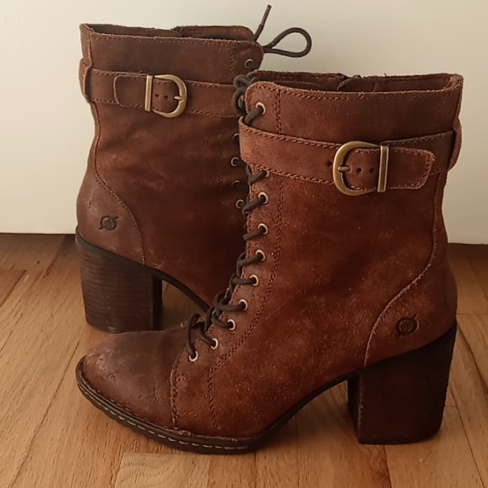 Born Cass Suede Lace Up Block Heel Boots Rust Brown 8.5